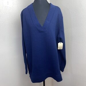 New St John's Bay Tunic Top Women's XXL American Navy V-Neck Long Sleeve Quilted